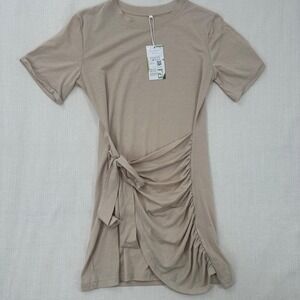 Halara Beige‎ Tie Front Ruched Mini Dress Short Sleeve Size L NWT